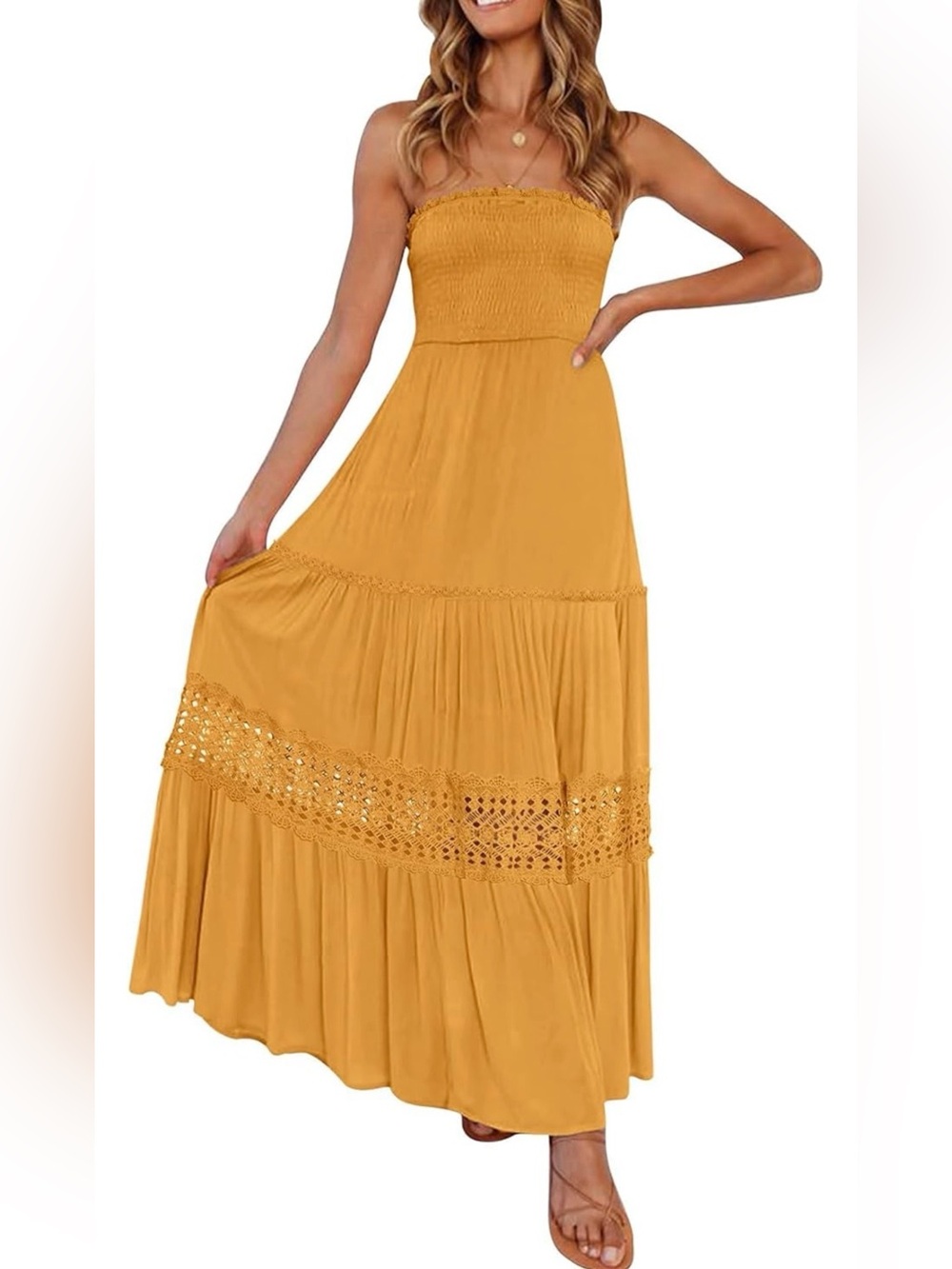 ZESICA Small Strapless Mustard Yellow Maxi Summer Dress with Crochet Panel